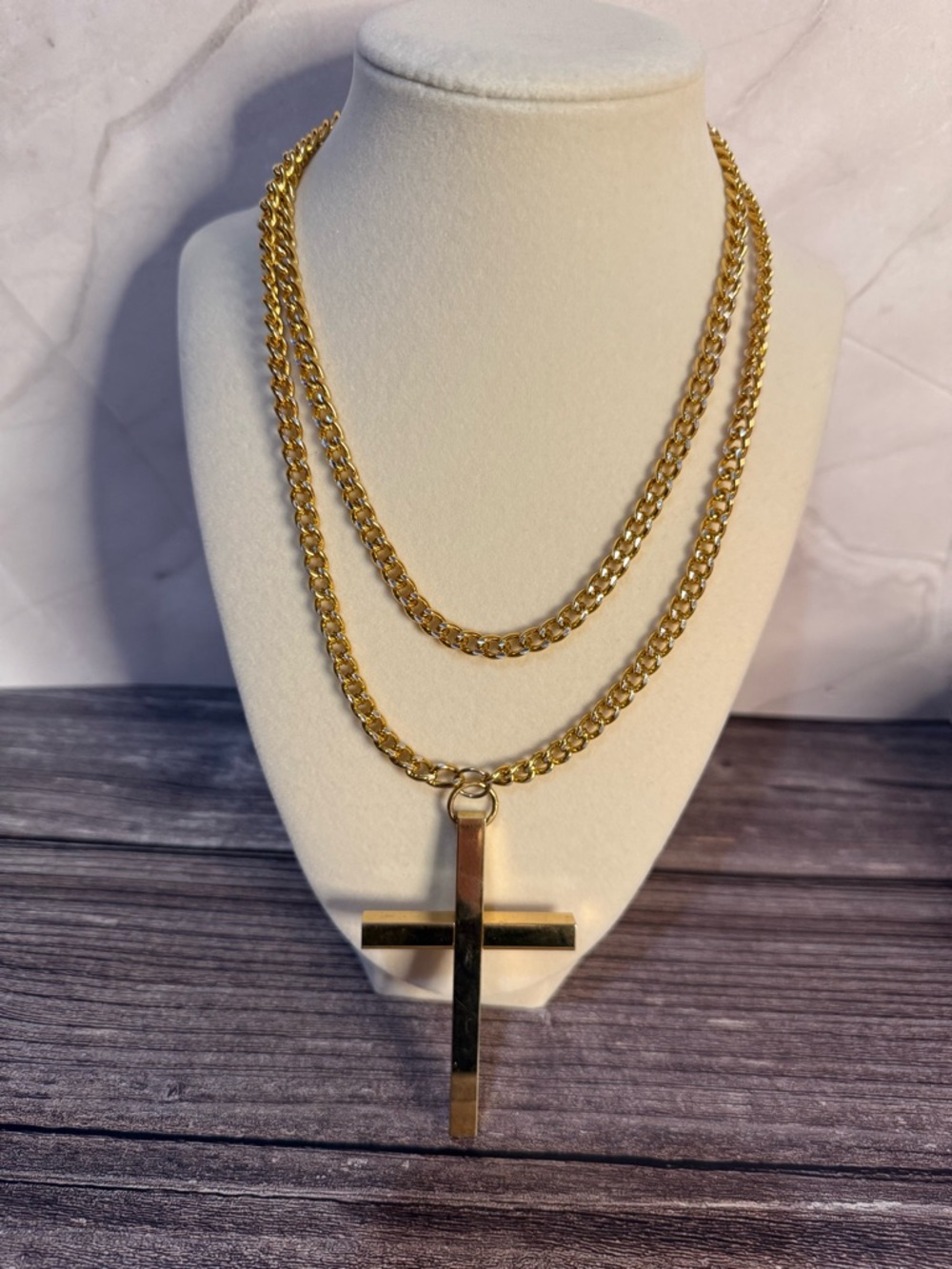 Vintage gold tone 20” necklace  3” cross